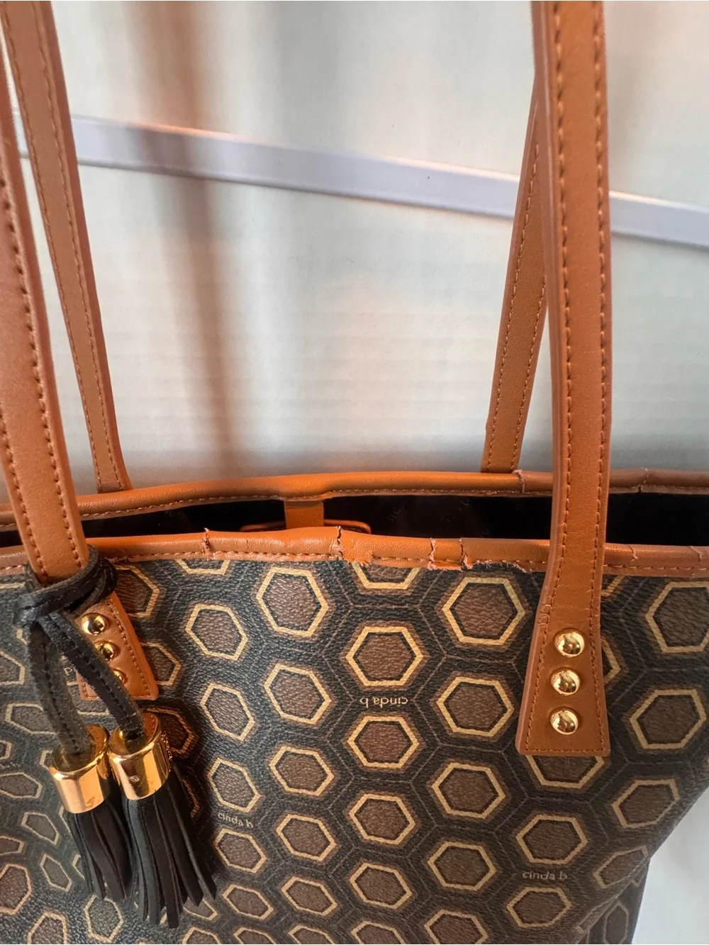 cinda b Geometric Honeycomb Large Shoulder Tote  Travel Purse Faux Leath